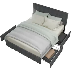 Polsterbett 140x200 cm mit 4 Schubladen, höhenverstellbarem Kopfteil, grauer Leinenbezug, Metalllatten – komfortabel & stabil