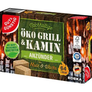 Gut&Günstig Grillanzünder Öko, Bio Anzündwürfel, brennstark, Holz & Wachs, lange Brenndauer, 64 Stück