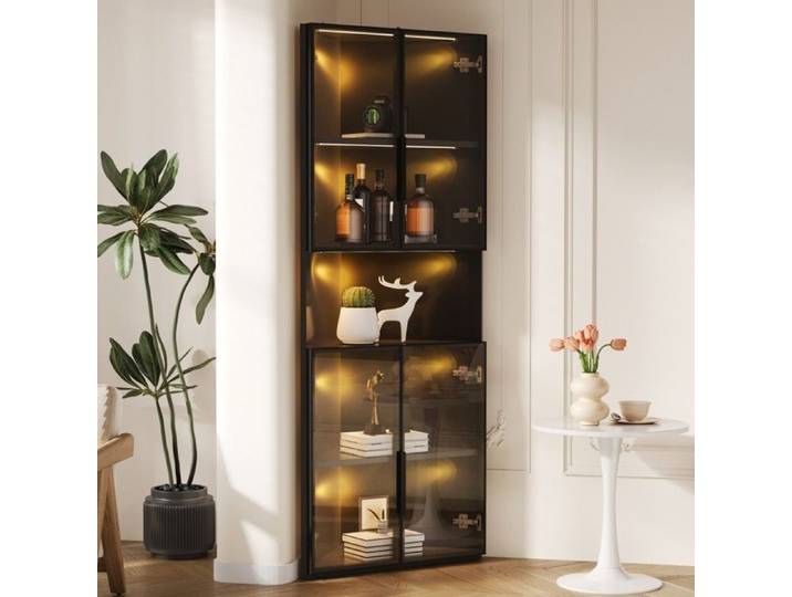 Vitrine angle triangulaire noire 62x32x160cm porte verre LED rangement déco collection salon espace ouvert
