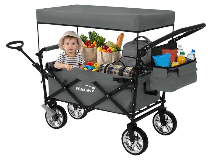 Hauki Bollerwagen faltbar mit Dach, Handwagen klappbar für Kinder, Strand, Picknick, Camping, Transportwagen XXL Blau-Grau, Gerätewagen mit Tasche