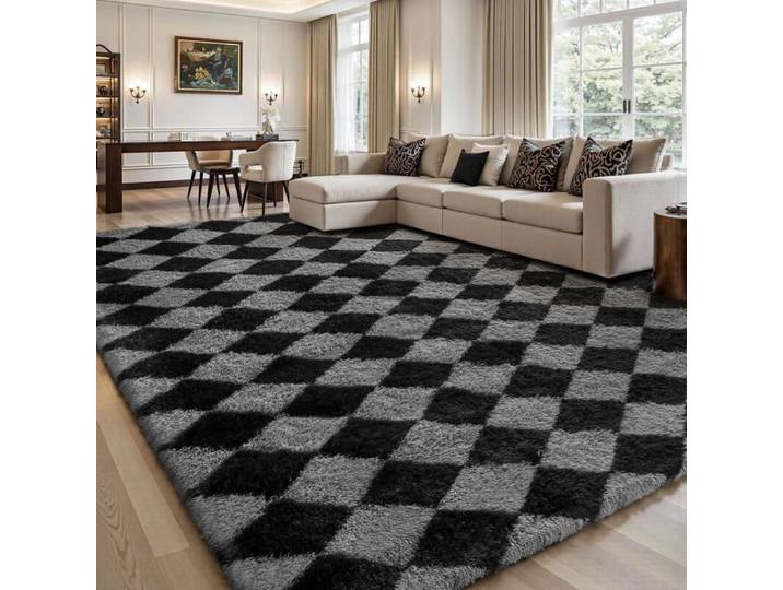 Tapis Carreaux Poils Longs Tapis Pour Salon Antidrapant Lavable Extra Grand Moelleux Tapis Poils Longs Pour Chambre Coucher