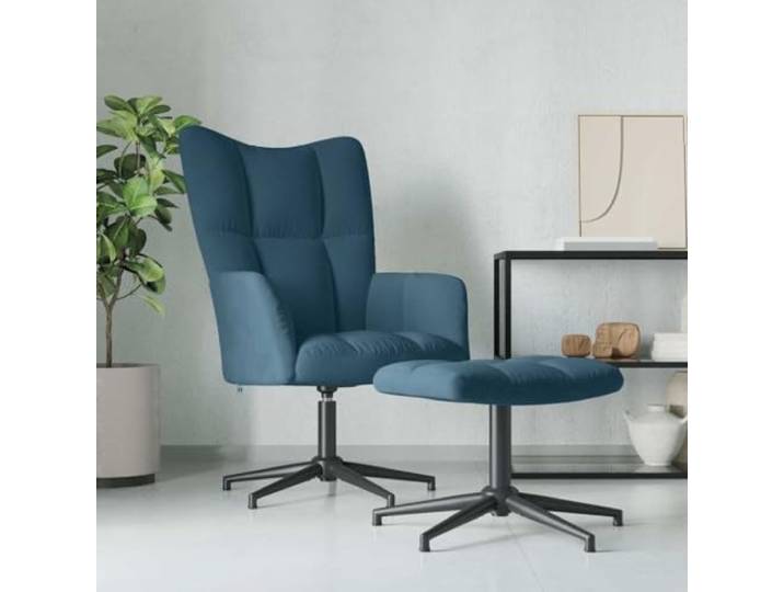 NLQMSU Relaxsessel mit Hocker, Velours, 360 Grad drehbar, Blau Stahlrahmen, gekreuzte Beine, gepolsterter Schaumstoff, weicher Samt, Kapazität 110 kg, einfache Montage