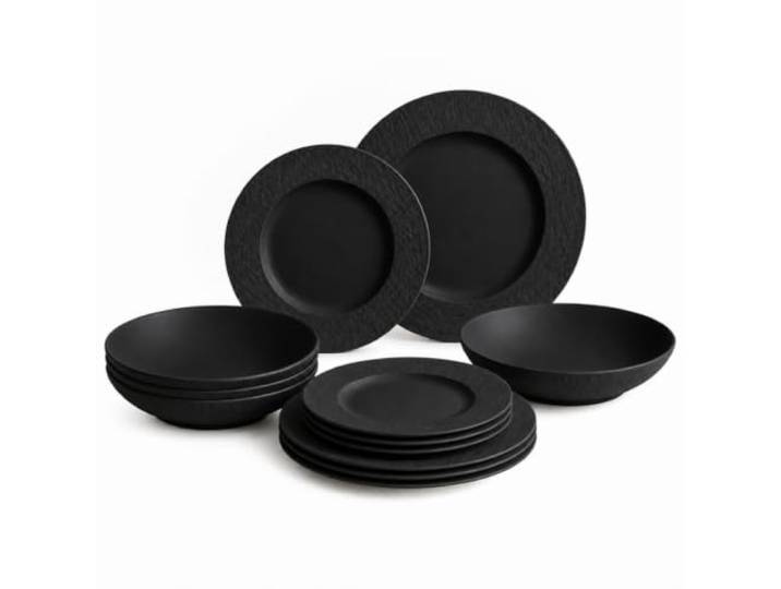 Villeroy & Boch Manufacture Rock 12-teiliges Geschirrset, Teller und Schüsseln, Schwarz matt, Premium Porzellan, Made in Germany