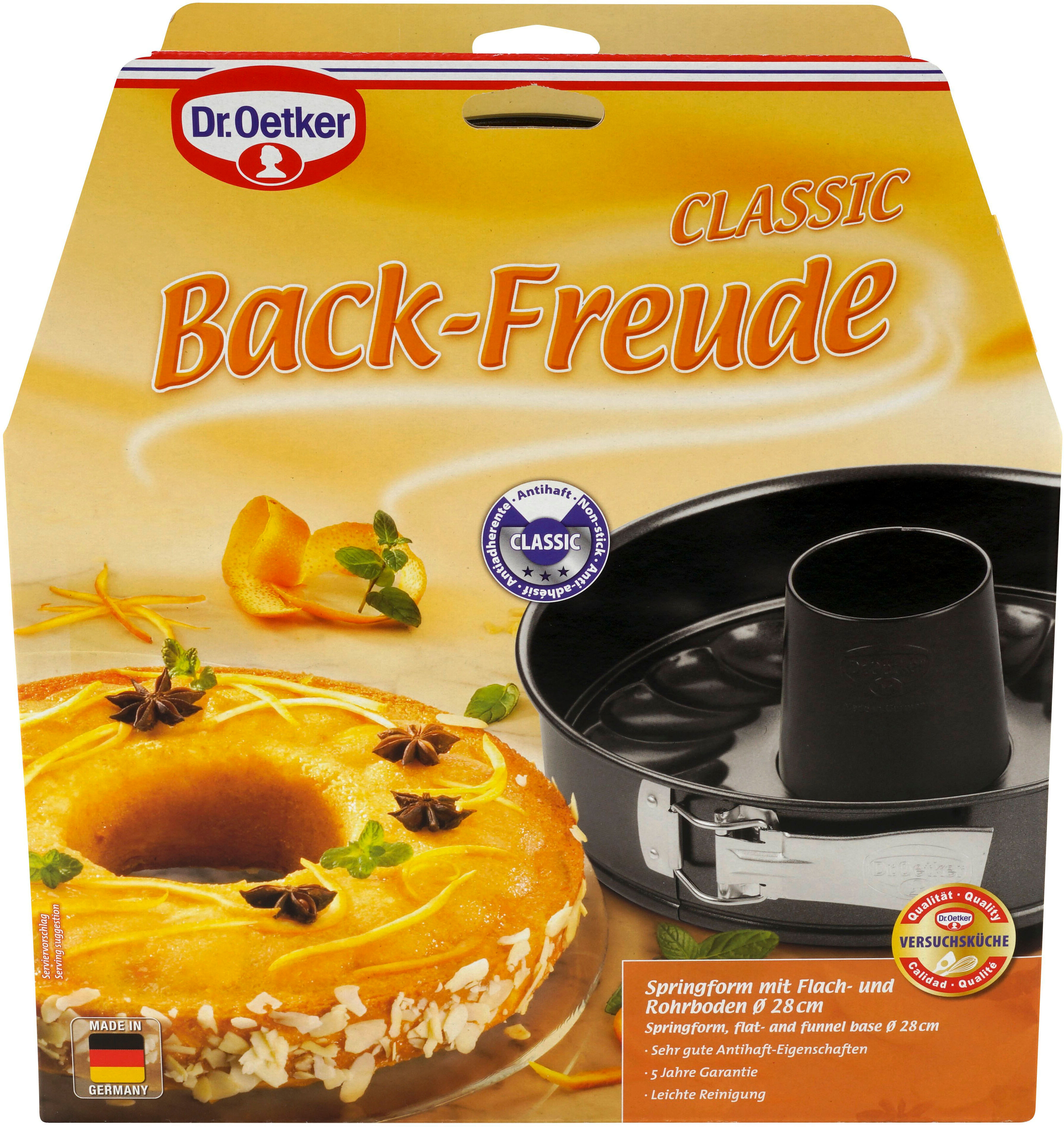 Springform "Back-Freude Classic, mit Flach- und Rohrboden Ø 28 cm", schwarz, B:28,5cm L:10cm T:30,5cm Ø:28cm, Stahlblech, DR. OETKER KÜCHENHELFER, Küchenformen, Springform, Antihaftbeschichtet, Auslaufsicher, Hitzebeständig