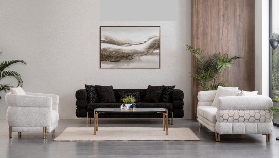 s Set: 2xSofa, Sessel und Couchtisch mit goldenen Akzenten