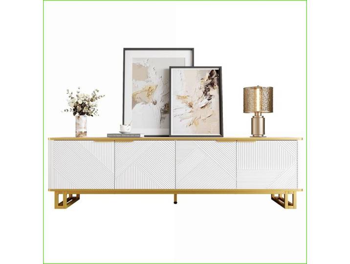 Meuble TV & Divertissement - Design Géométrique 3D - Blanc & Or - 160x37 5x48 cm