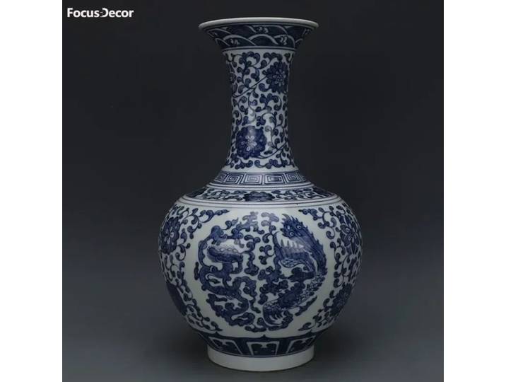 Vase chinois en porcelaine bleue et blanche, motif Dragon et phénix, bouteille peinte à la main, porcelaine Antique, Vintage chinois