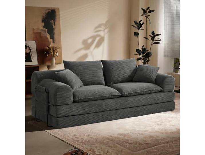 Vipbear Schlafsofa 201cm Breit, Boneless Couch mit Schlaffunktion Cord Sofa 5-in-1 Bodensofa, 3 Sitzer Boneless Schlafcouch, Cloud Modulares Sofa Bed für Wohnzimmer Schlafzimmer Lounge Grau
