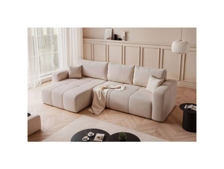 Canapé d'angle Réversible PEDRO - 5 places - Canapé Convertible avec Coffre - Tissu Velours - Beige