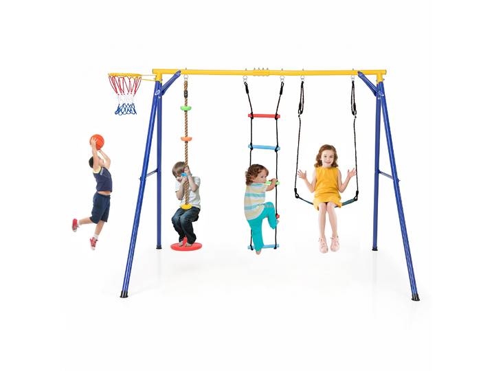 4-in-1 Schommelset Kinderschommel met EVA Schommelzitje Touwladder Basketbalring & Klimschommel