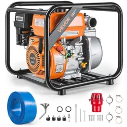 VEVOR Benzin Wasserpumpe 29,87 m Förderhöhe, Schmutzwasserpumpe 29980L/h, Tragbare Motorpumpe, Benzinmotor mit 762 cm Auslassschlauch, Gusseisenlaufrad, Gartenpumpe für Bewässerung, Teiche & Pools