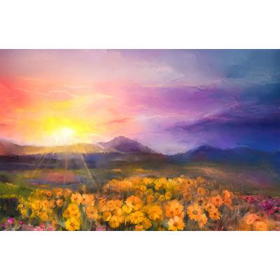 Fototapete PAPERMOON "GÄNSE BLÜMCHEN BLÜTEN-MALEREI WIESE GEBIRGE SONNE WOLKE", bunt, B:3,5m L:2,6m, Vlies, Tapeten
