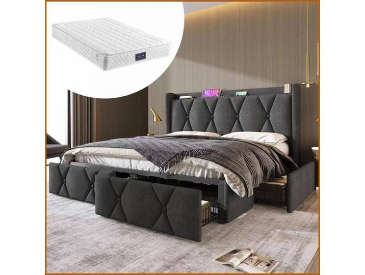 Bett à Rangement 4 Tiroirs - Prises USB/Steckdosen - Matelas Inclus 140x200 - Gris
