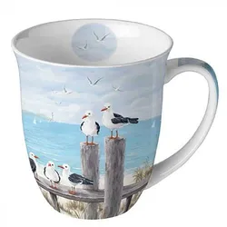 Ambiente Tasse 10cm Porzellan mit Möwen & Strand Motiv - 0,4L Keramiktasse Porzellangeschirr Kaffeetasse Teetasse Kakaotasse Maritime Porzellantasse Hellblau
