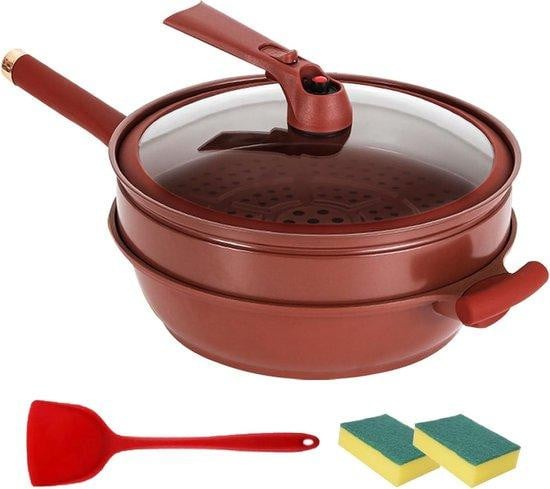 Famanu Multifunctionele bakplaat met stoomventiel en glazen deksel, 32 cm, geschikt voor gas, inductie en keramiek