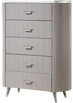 Benjara Gema Tall Dresser Chest, 5 Drawers with Cultured Stone Top, Light Gray