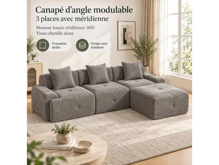 Canapé modulable - SOGEU - W3633S00010 - Chenille - Gris - Accueil moelleux