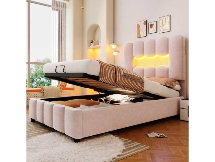 Lit coffre capitonné - MODERNLUXE - 90x200 cm - LED - tête réglable - velours rose