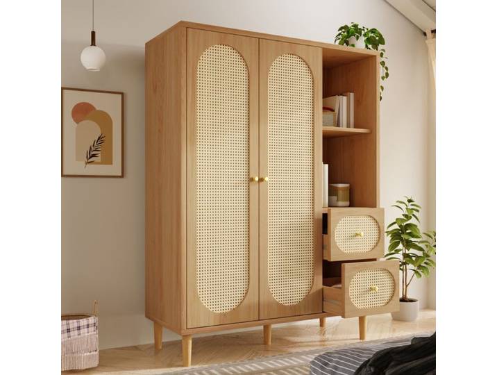 Armoire Chambre Adulte/Enfant en Chêne Armoire de Rangement avec Penderie Armoire en Rotin à 2 Portes avec 2 Tiroirs 161x120x44cm