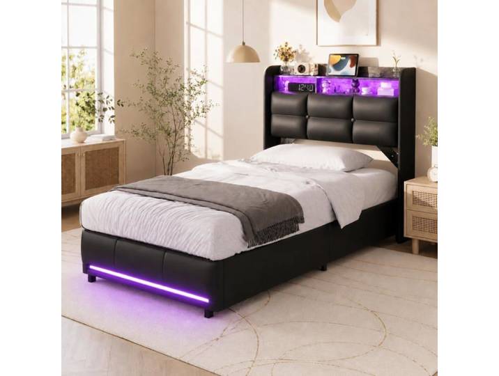 lit 90x200 coffre hydraulique led usb lit coffre lit capitonné lit rembourré avec socle à lattes lit simple avec rangement pu