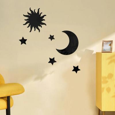 Uplift Essentials Star And Moon Mirror Wall Stickers Set Acrylic Self Adhesive Removable Decor 6 Pieces black
