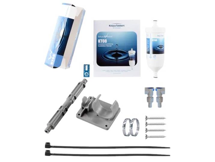 bluuwater KT08 Wasserfilter für Wohnmobile mit Umrüstkit, gerade Anschlüsse Einbauset für Knaus, Tabbert & Weinsberg - Filtert 99,99999% der Bakterien, Kalkpartikel, etc. - Bis zu 6000 Liter / 6 Monate
