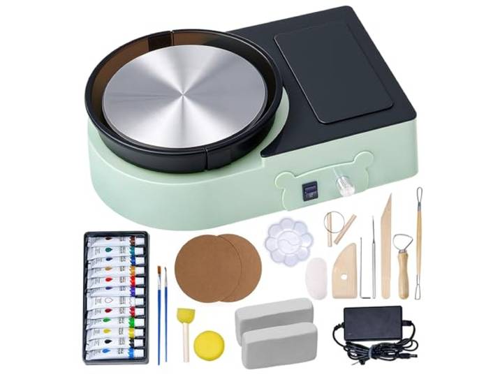 VEVOR Mini Tour de Potier Électrique\, Roue de Poterie avec Plateau Tournant de 158 mm\, Rotation Avant et Arrière\, Vitesse Réglable\, avec Outils de Façonnage\, pour Artisanat\, Bricolage Domicile\, Vert