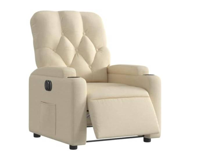 Relaxsessel Elektrisch Creme Stoff Elektromotor,135 Grad Neigung,Becherhalter,Seitentasche,Holz-Metall-Rahmen,110 kg,Sitzpolsterung