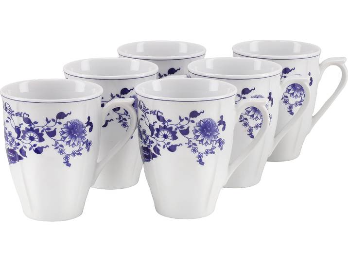 Becher CREATABLE Flora Zwiebelmuster, Kaffeebecher, 6-tlg. , weiß (bunt), H:10,5cm Ø:8,5cm, Porzellan, Trinkgefäße, Becher, Elegante festonierte Grundform, ausdrucksstarkes Relief