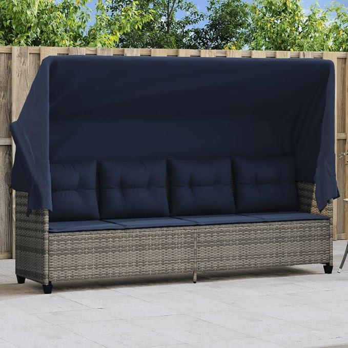 Sonnenliege mit Dach und Kissen Grau Poly Rattan, Gartenliege Liegestuhl Relaxliege für Terrasse Balkon Pool Outdoor mit Sonnenschutz, Polster und abnehmbarem Bezug