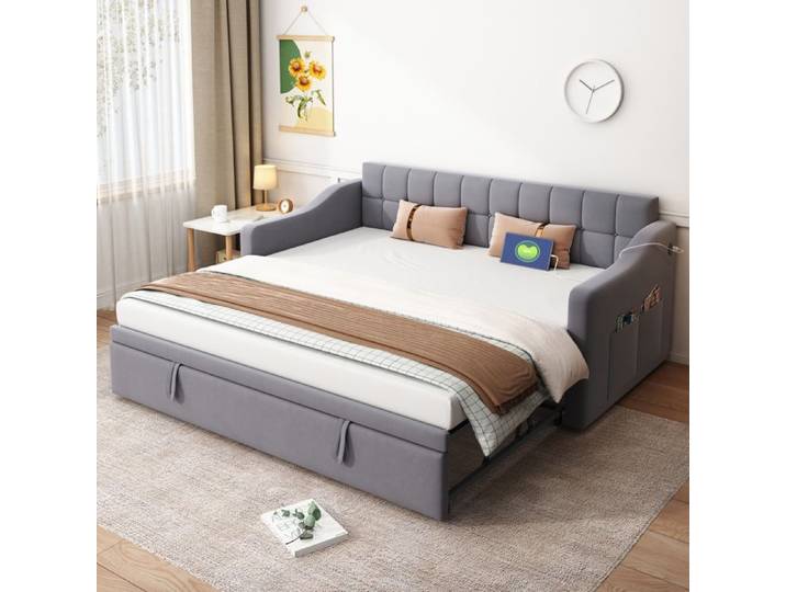 Canapé-lit convertible extensible en velours gris avec ports USB intégrés