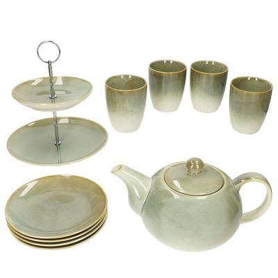 10tlg Teeset SCONES GRÜN aus Steingut 1x Etagere, 1x Kanne, 4x Becher & 4x Teller - 24303284*****Standort: Regal W