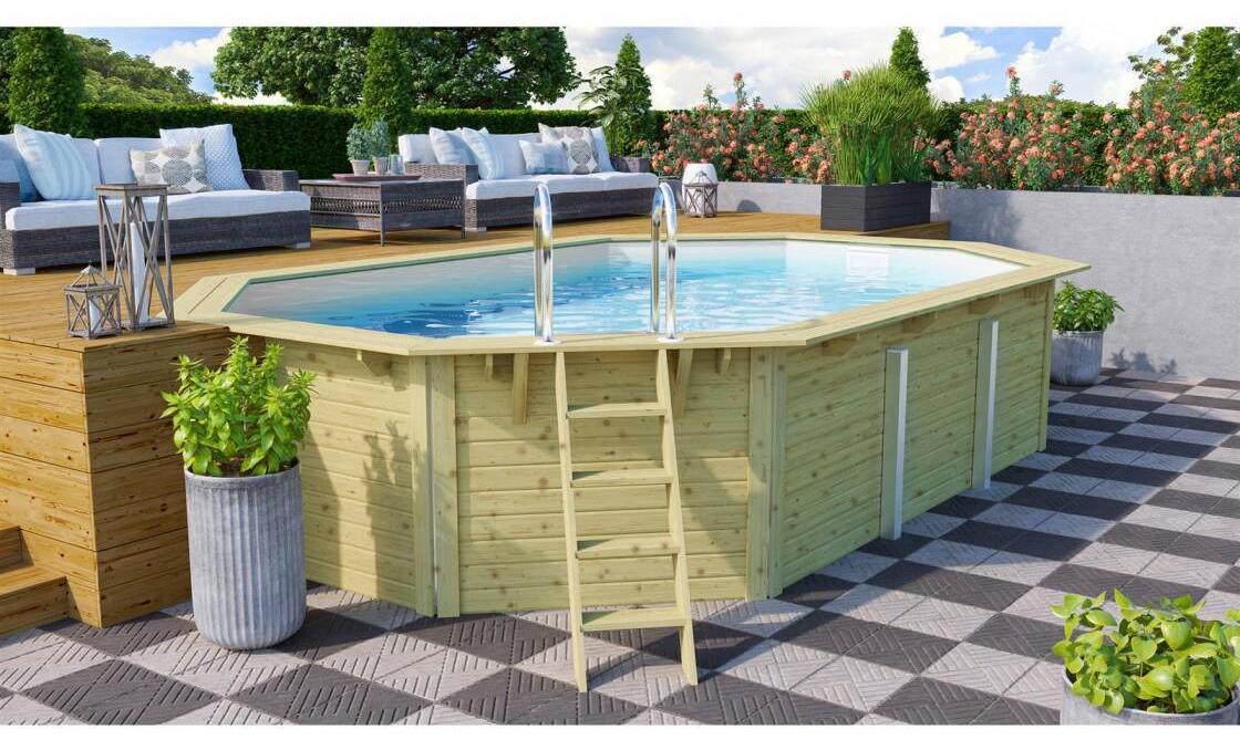 Trend Holzpool Set Achteck 610x400cm weisse Innenhülle 0,8mm : 610x400cm : weiß