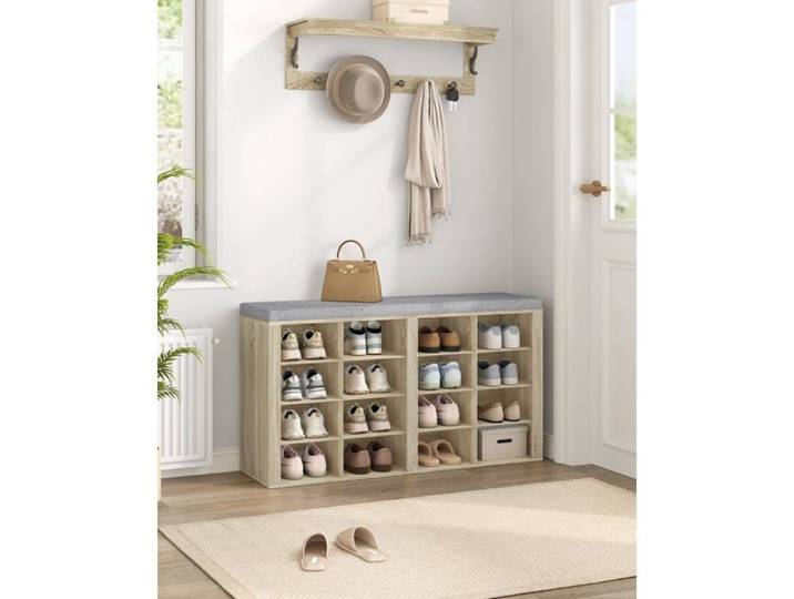 Banc à Chaussures Support à Chaussures avec Siège Banc avec Rangement Coussin 16 Compartiments pour Salon Couloir Ivoire Clair