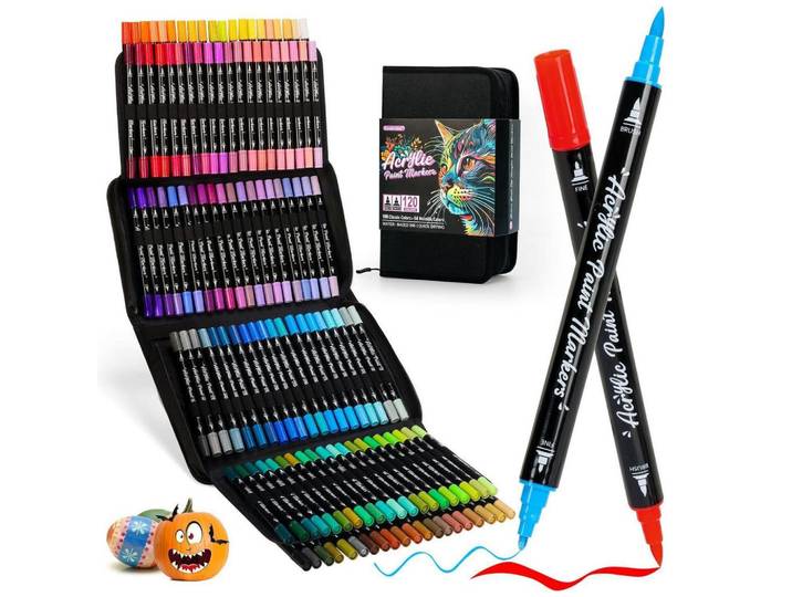 Acrylfarben-Marker 120er Set Doppelspitze, Mehrfarbig, Kunststoff, 1x1x1 cm, Dekoration, Malbedarf & Bastelbedarf