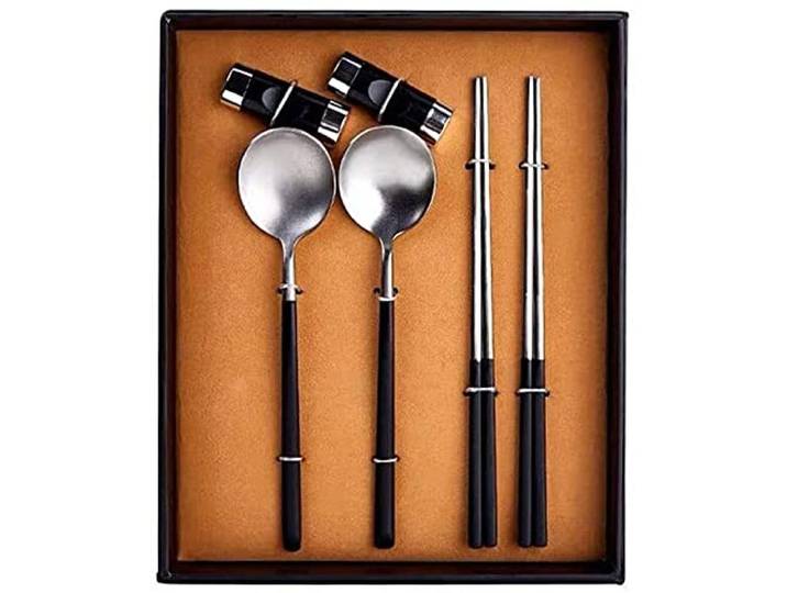 Essstäbchen, chinesische Essstäbchen, wiederverwendbar, Edelstahl, Essstäbchen, Löffel-Set, 304 Edelstahl, tragbar, rutschfest, chinesischer Stil, einteilig, 27 x 20,5 cm Essstäbchen (Farbe: Silber)