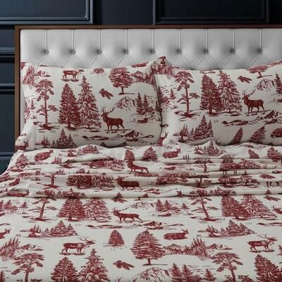 Marwah Corporation Deer Toile Flannel Sheet Set Red, King, Red