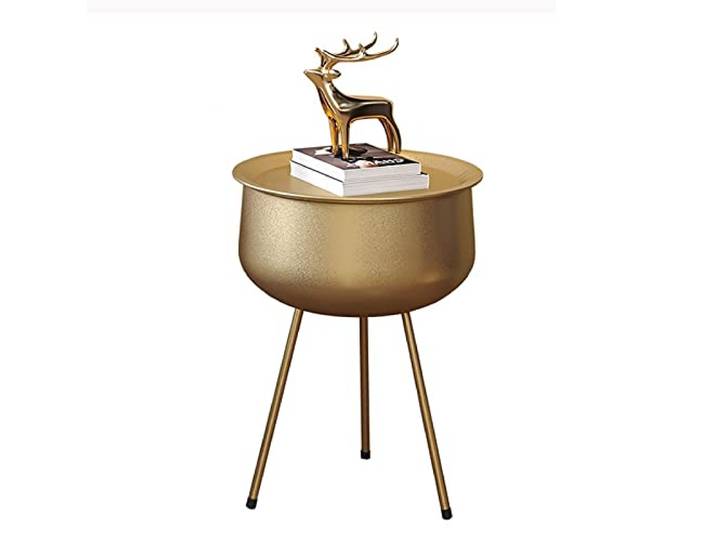 YCCHAH Bett mit Stauraum Runde Nachttisch versteckte Lagerschublade Metall Dreieck Halterung kreativer Kessel Form Schlafzimmer Möbel Desktop(Gold,S-50cm)