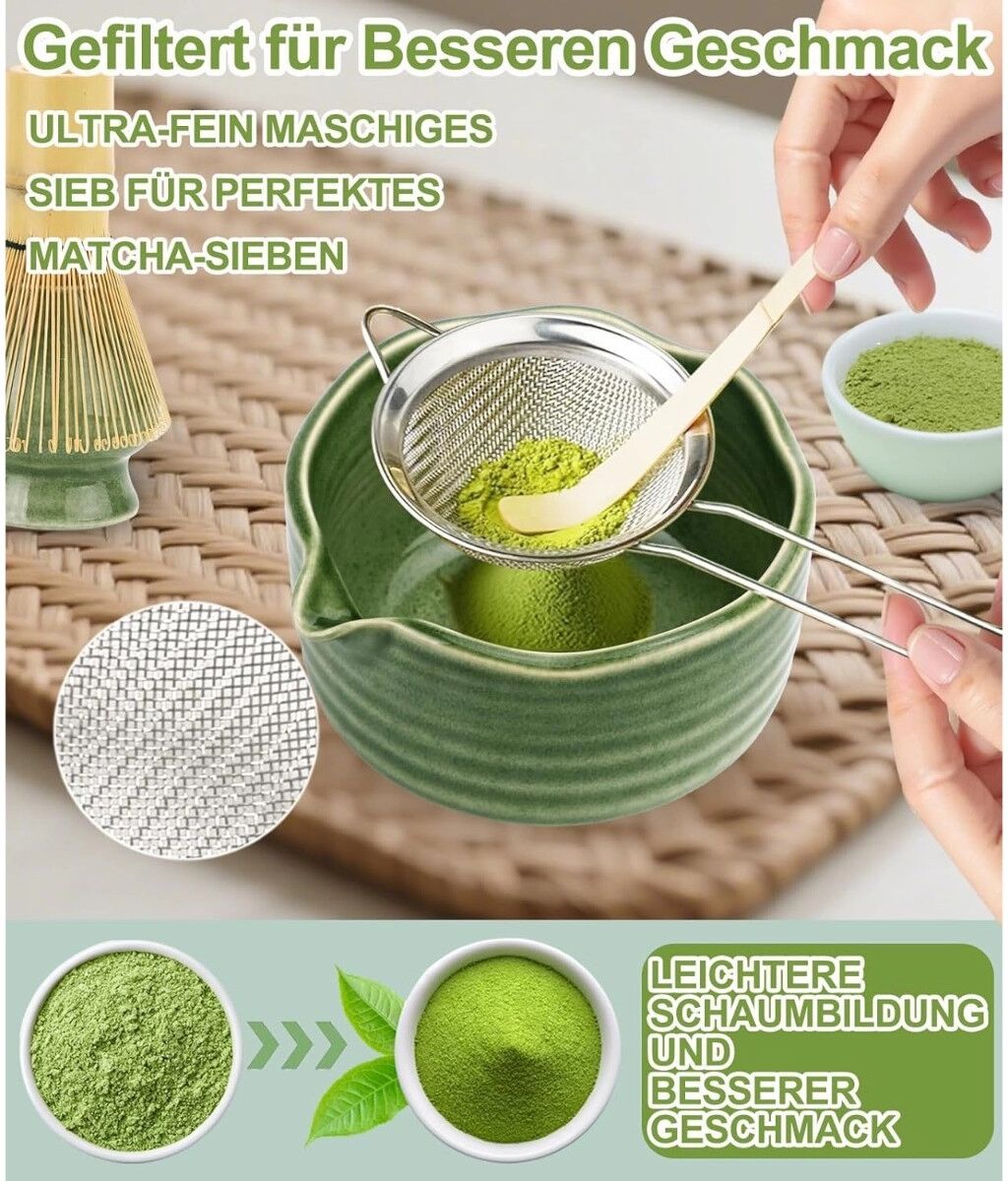 INF Keramik-Matcha-Schale mit Ausguss und Spitzenrand – 8-teiliges Matcha-Set mit handgemachtem Bambus-Chasen, Chashaku & Dunkelgrün