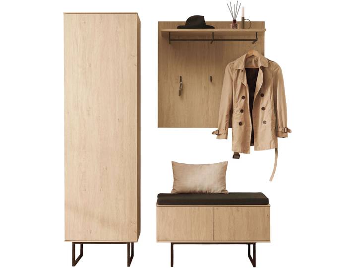 Garderoben-Set HOME AFFAIRE Lund, moderne Garderobe, Komplettset mit viel Stauraum , stone oak, B:157cm H:200cm T:40cm, Holzwerkstoff, Kastenmöbel-Sets, Garderoben-Set, enthält Garderobenschrank, Garderobenpaneel, Schuhbank mit Sitzkissen