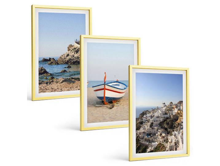 Tulup Bilder SET 3er Set - 40x60 cm Goldrahmen - Ansichten von Griechenland mit einem Boot und Häusern, Goldfarben, Kunststoff, Rechteckig, 40x60 cm, einfache und schnelle Anbringung, Bilder & Rahmen, Bilder