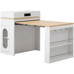 MODFU Ausziehbarer Esstisch MDF und Glas Weiß/Naturholzoptik 83x46-146,5x96 cm mit Stauraum und Steckdosen