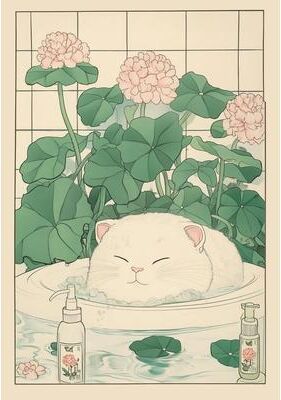 Uplift Picks Japanese Tabby Cat Bathtub Canvas Wall Art Japandi Bathroom Decor Print 11 30x42 Cm
