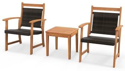 Costway 3 Pieces Rattan Bistro Set with Acacia Wood Frame for Garden