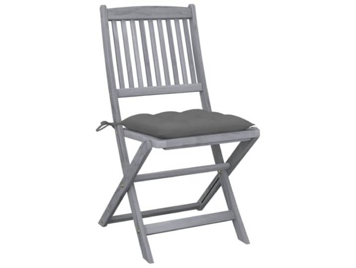 Klappstühle aus Akazienholz, 4 Stück, mit grauen Kissen Massives Akazienholz geschliffen, graues Finish gewaschen, Kissen 100 % Polyester, zusammenklappbares Design