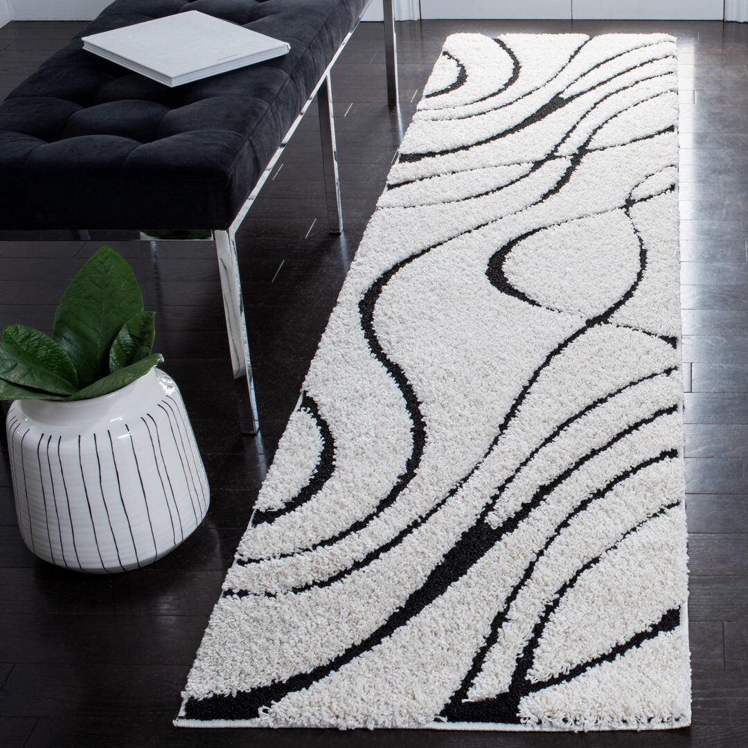 Blue Elephant Florida Abstract Shag Area Rug Black/Ivory Runner 69 x 274 cm