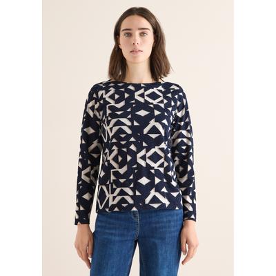 Langarmshirt CECIL, Damen, Gr. L (42), blau (urban dunkelblau), Web, 100% Baumwolle, gemustert, normal normal, U-Boot-Ausschnitt, abgesteppt, Shirts Langarmshirt, mit U-Boot-Ausschnitt