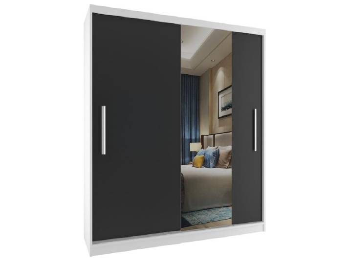 BELINI Verona : Armoire coulissante de 158 cm\, blanc/noir mat - Armoire avec miroir et penderie\, idéale pour la chambre