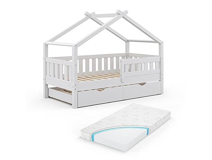 VitaliSpa Hausbett Design, Weiß, 80x160 cm mit Gästebett und Matratze, geeignet als Spiel- und Schlafbereich für Kinder