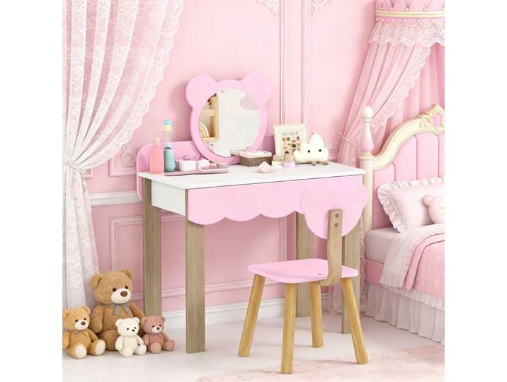Ensemble coiffeuse pour enfant Comprenant tabouret Miroir de maquillage Tiroir MDF Rose